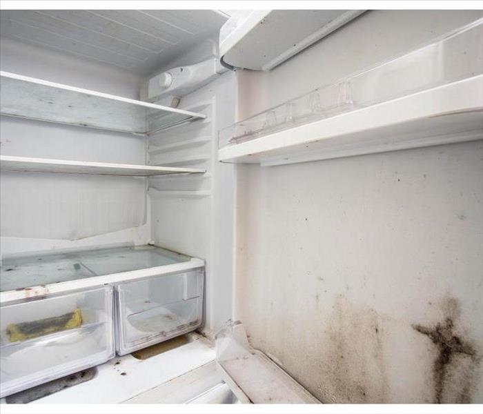 Old used dirty refrigerator with mold, aged junk in the kitchen